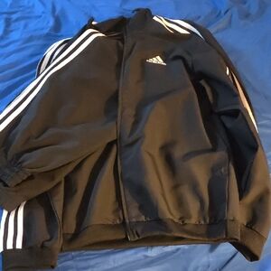 Adidas Men's Black Windbreaker And Pants Set with White Stripes